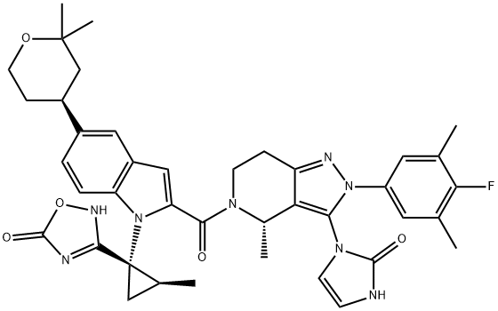 3-[(1S,2S)-1-[2-[[(4S)-3-(2,3-Dihydro-2-oxo-1H-imidazol-1-yl)-2-(4-fluoro-3,5-dimethylphenyl)-2,4,6,7-tetrahydro-4-methyl-5H-pyrazolo[4,3-c]pyridin-5-yl]carbonyl]-5-[(4S)-tetrahydro-2,2-dimethyl-2H-pyran-4-yl]-1H-indol-1-yl]-2-methylcyclopropyl]-1,2,4-oxadiazol-5(2H)-one,2212020-29-4,结构式